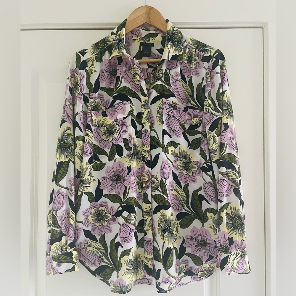 Ann Taylor Factory Purple and Green Button Down Shirt with Dress Collar